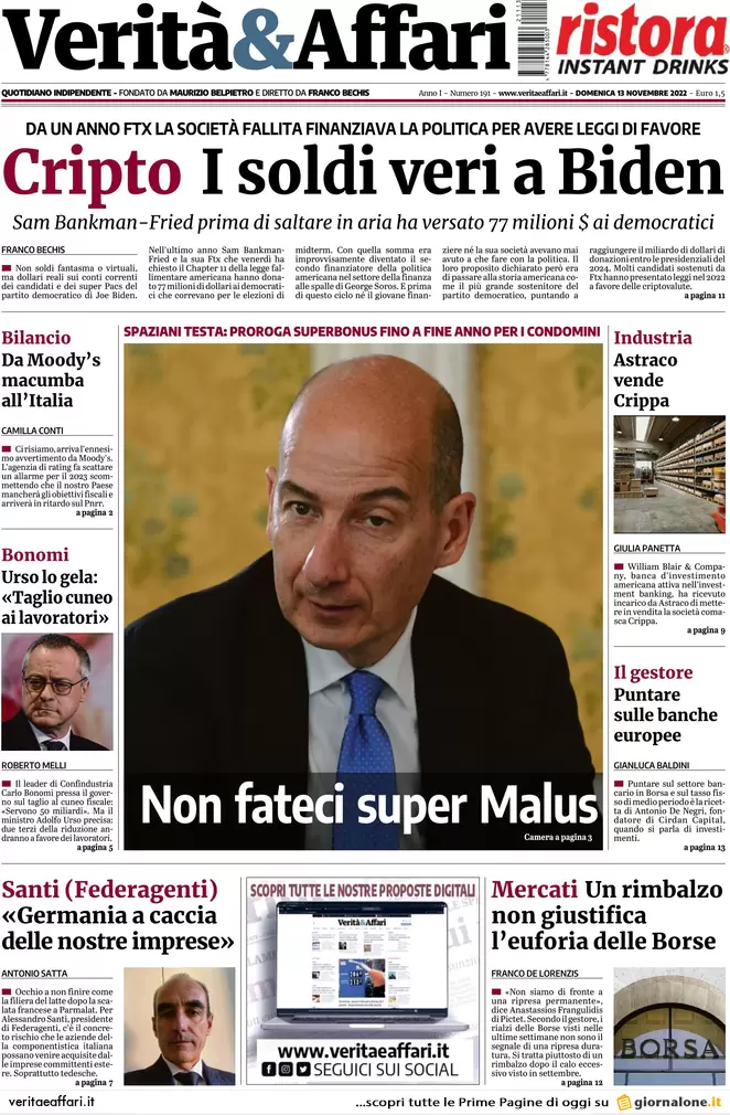 Prime pagine giornali economici 13 novembre. Piccole imprese, allarme credito