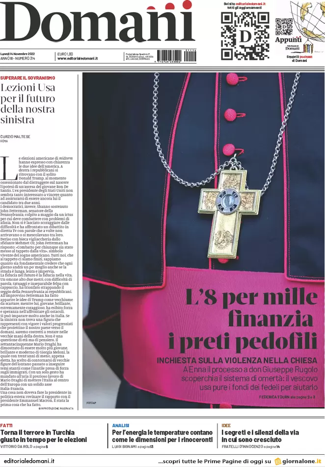 Prime pagine giornali 14 novembre 2022. L’8 per mille finanzia preti pedofili