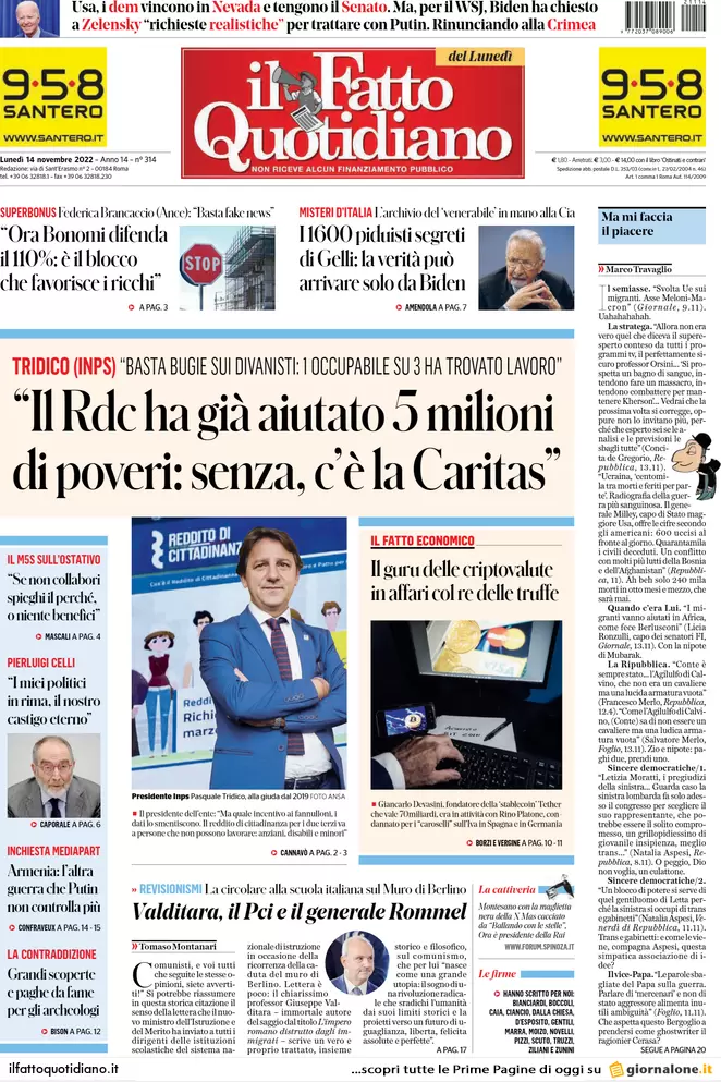 Prime pagine giornali 14 novembre 2022. L’8 per mille finanzia preti pedofili