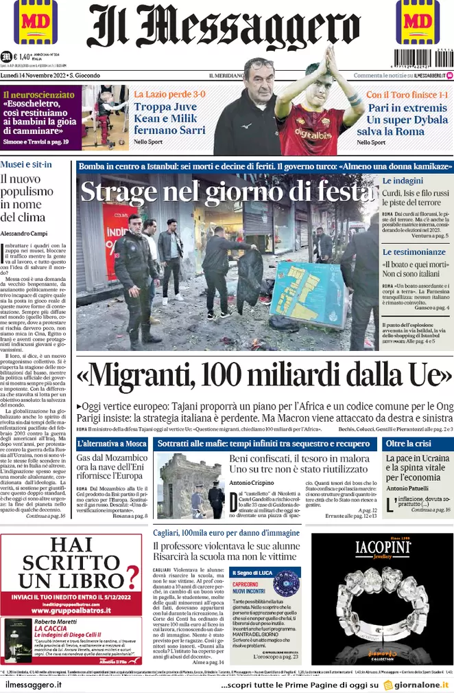 Prime pagine giornali 14 novembre 2022. L’8 per mille finanzia preti pedofili