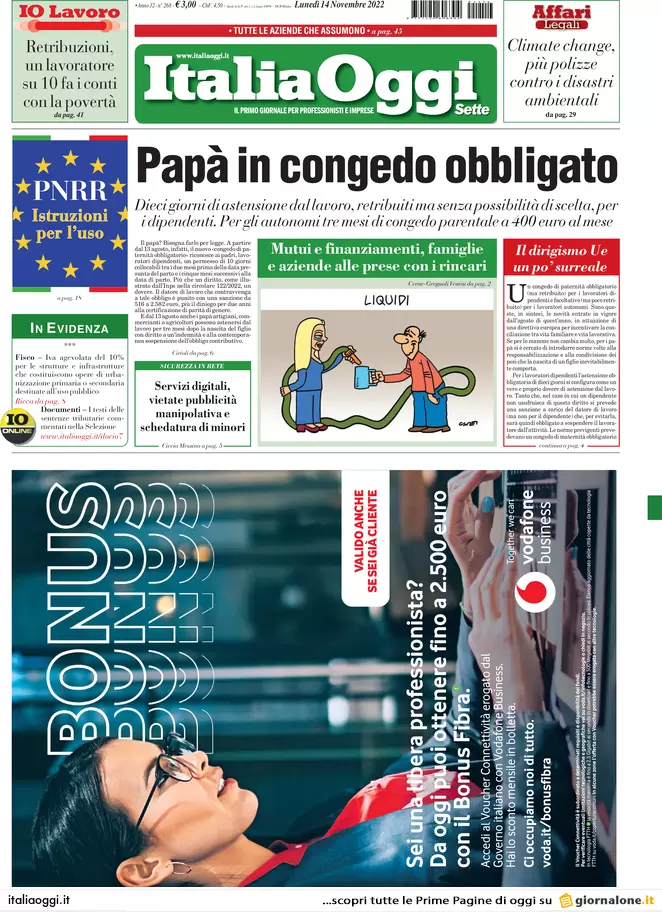 Prime pagine giornali economici 14 novembre. Papà, congedo parentale obbligato