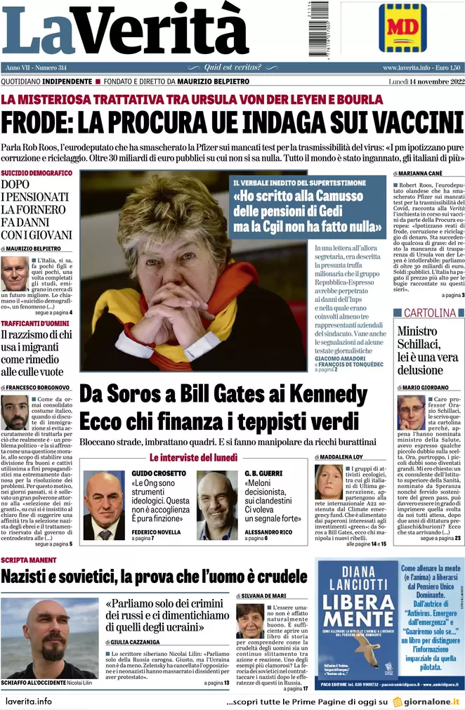 Prime pagine giornali 14 novembre 2022. L’8 per mille finanzia preti pedofili