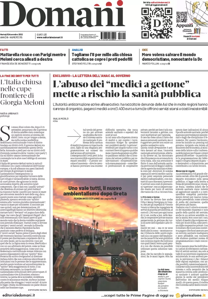 Prime pagine giornali 15 novembre 2022. Potere ai prefetti: “Fermare le Ong”