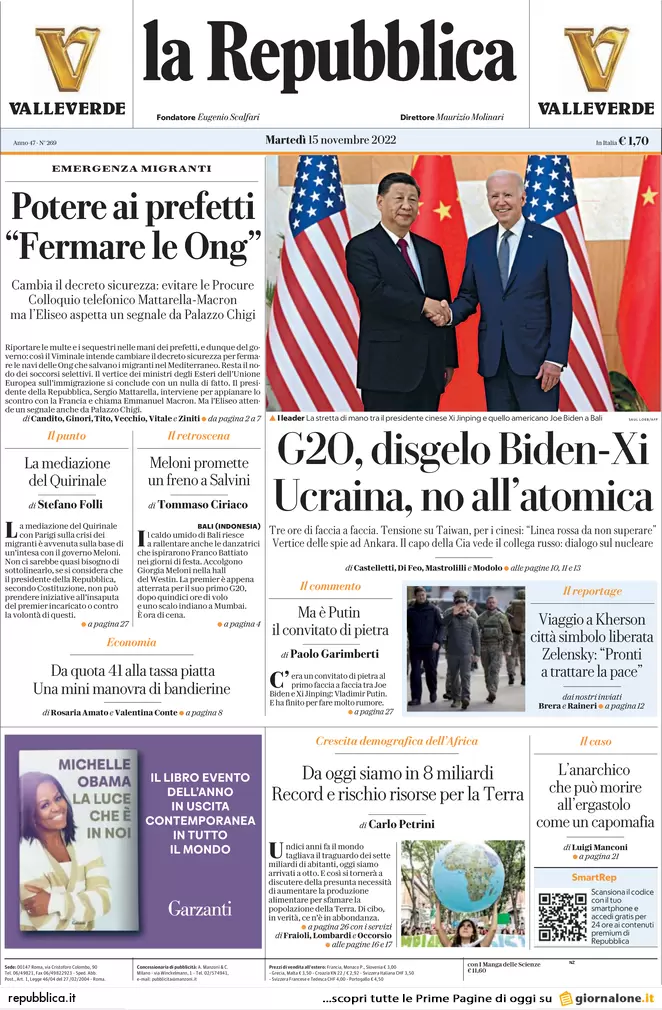 Prime pagine giornali 15 novembre 2022. Potere ai prefetti: “Fermare le Ong”