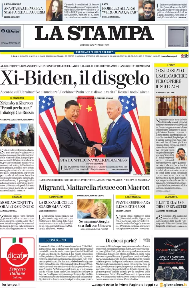 Prime pagine giornali 15 novembre 2022. Potere ai prefetti: “Fermare le Ong”