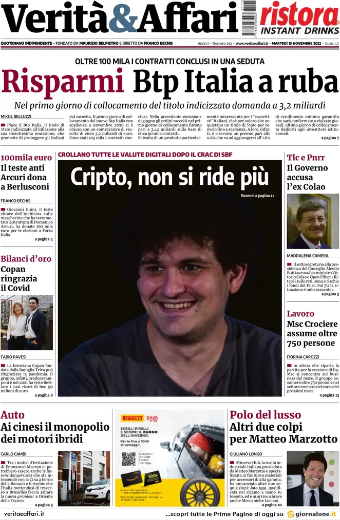 Prime pagine giornali economici 15 novembre. Crollo delle assunzioni: -17,7%