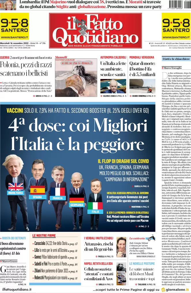 Prime pagine giornali 16 novembre 2022. Il governo grazia gli evasori: condono