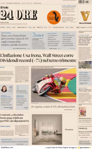 Prime pagine giornali economici 16 novembre. Pa, stipendio triplo a dicembre