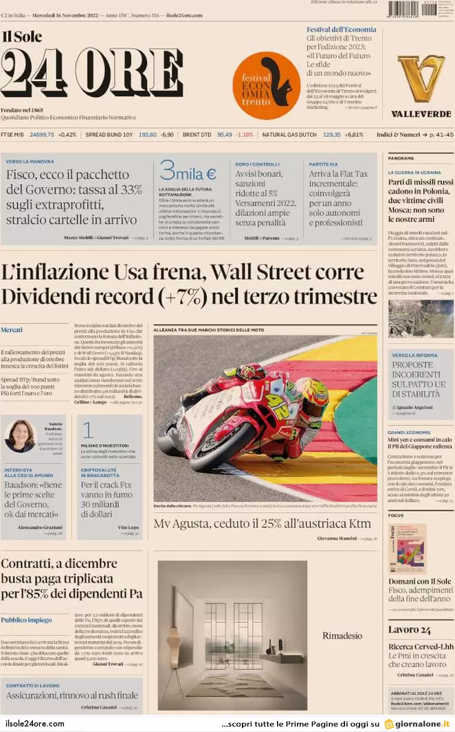 Prime pagine giornali economici 16 novembre. Pa, stipendio triplo a dicembre Prime pagine giornali economici 16 novembre. Pa, stipendio triplo a dicembre