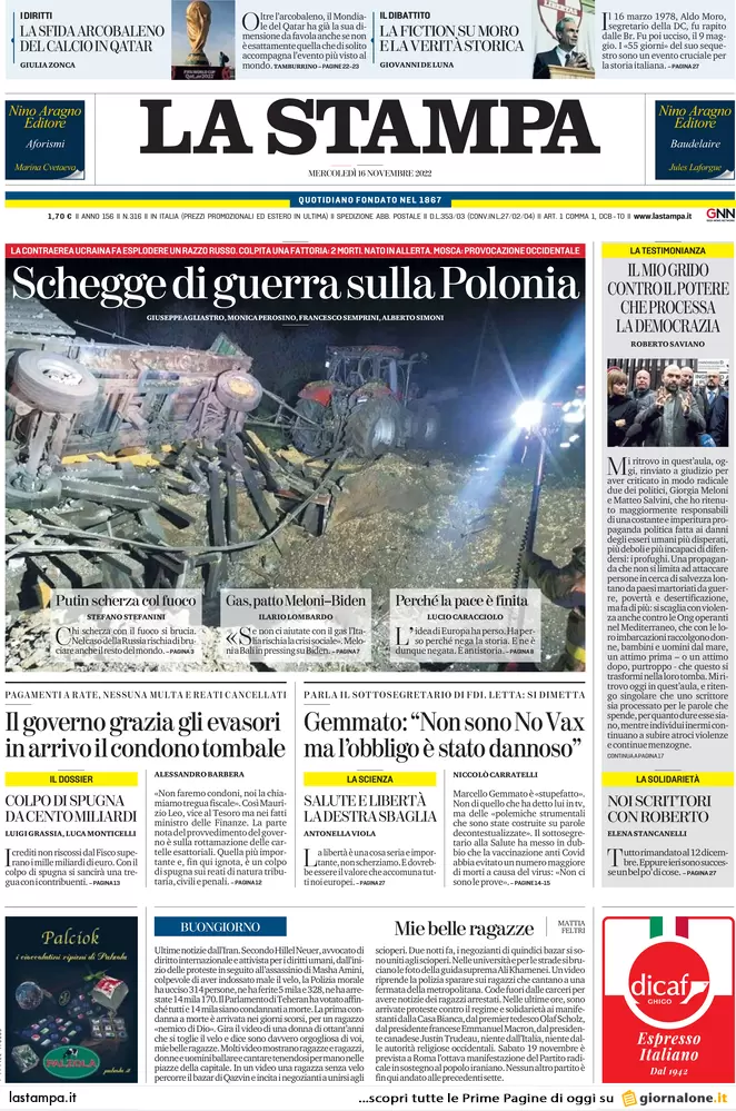 Prime pagine giornali 16 novembre 2022. Il governo grazia gli evasori: condono