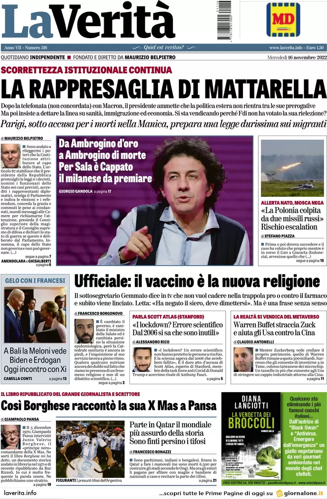 Prime pagine giornali 16 novembre 2022. Il governo grazia gli evasori: condono
