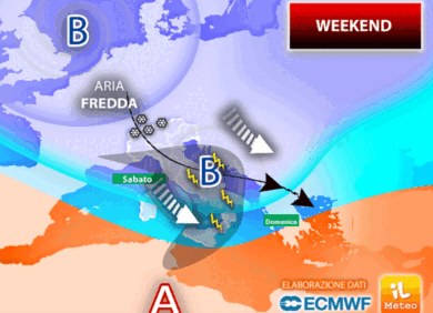 Meteo weekend: ciclone sull’Italia. Piogge abbondanti, vento forte, neve, gelo