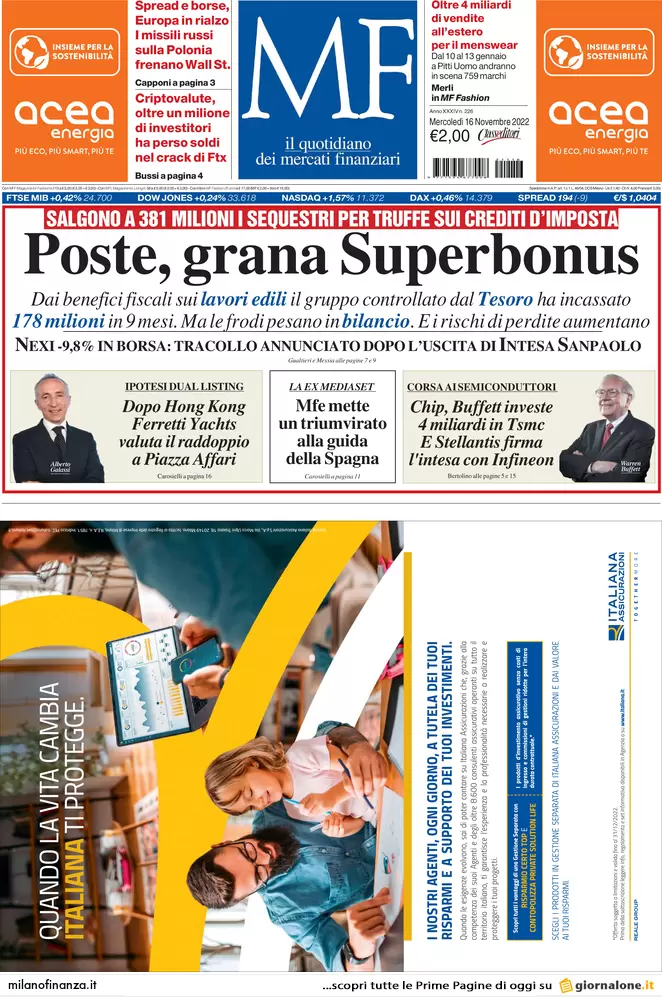 Prime pagine giornali economici 16 novembre. Pa, stipendio triplo a dicembre