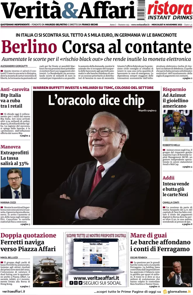 Prime pagine giornali economici 16 novembre. Pa, stipendio triplo a dicembre