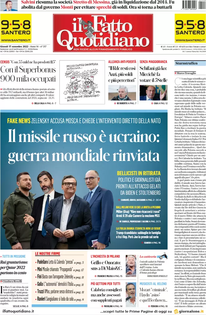 Prime pagine giornali 17 novembre 2022. Rientro capitali, ipotesi sanatoria