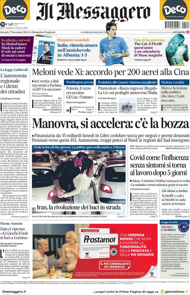 Prime pagine giornali 17 novembre 2022. Rientro capitali, ipotesi sanatoria