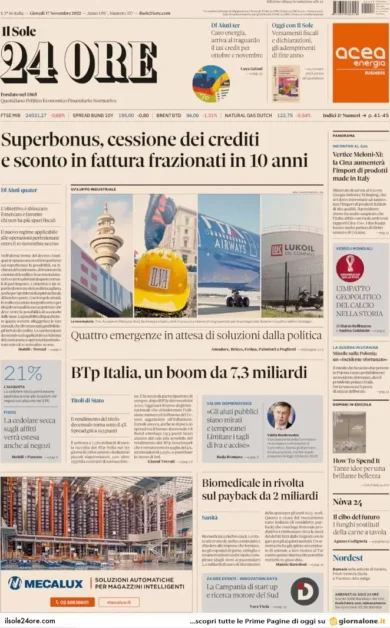 Prime pagine giornali economici 17 novembre. Bonus, cessione crediti decennale