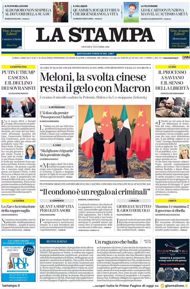 Prime pagine giornali 17 novembre 2022. Rientro capitali, ipotesi sanatoria