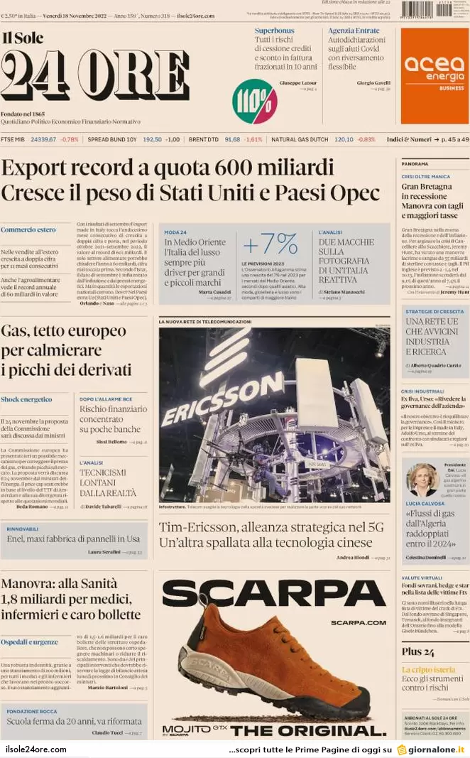 Prime pagine giornali 18 novembre 2022. Tetto al contante, stop del Quirinale