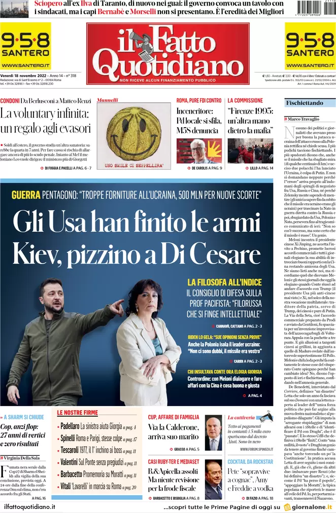 Prime pagine giornali 18 novembre 2022. Tetto al contante, stop del Quirinale