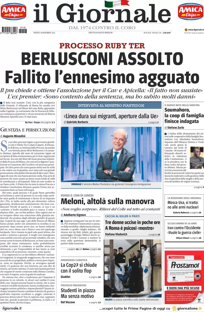 Prime pagine giornali 18 novembre 2022. Tetto al contante, stop del Quirinale