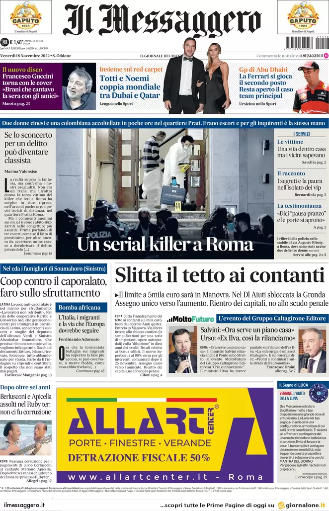 Prime pagine giornali 18 novembre 2022. Tetto al contante, stop del Quirinale