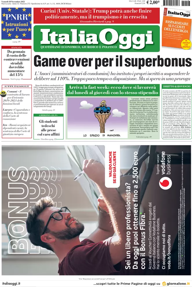 Prime pagine giornali economici 18 novembre. Manovra, lo scudo sulle cripto