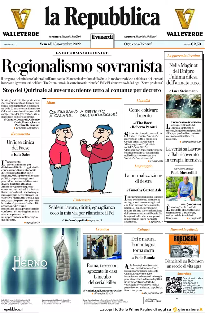 Prime pagine giornali 18 novembre 2022. Tetto al contante, stop del Quirinale