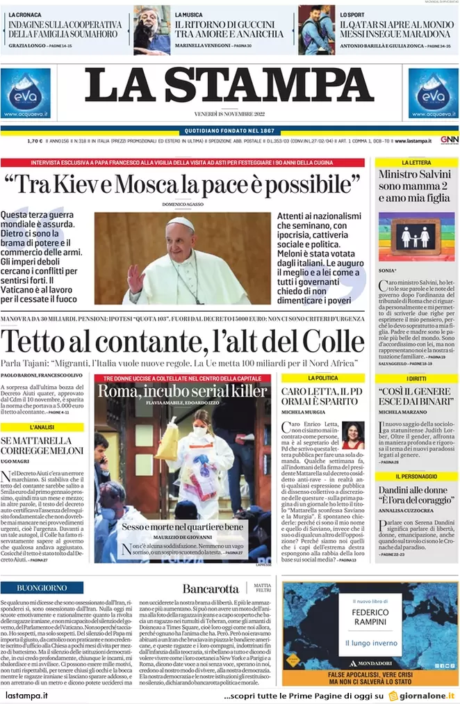 Prime pagine giornali 18 novembre 2022. Tetto al contante, stop del Quirinale