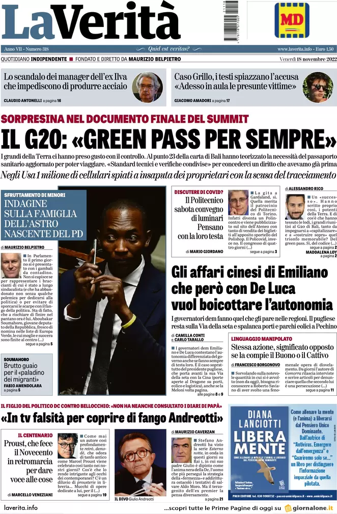 Prime pagine giornali 18 novembre 2022. Tetto al contante, stop del Quirinale