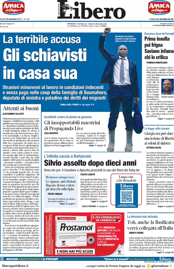 Prime pagine giornali 18 novembre 2022. Tetto al contante, stop del Quirinale