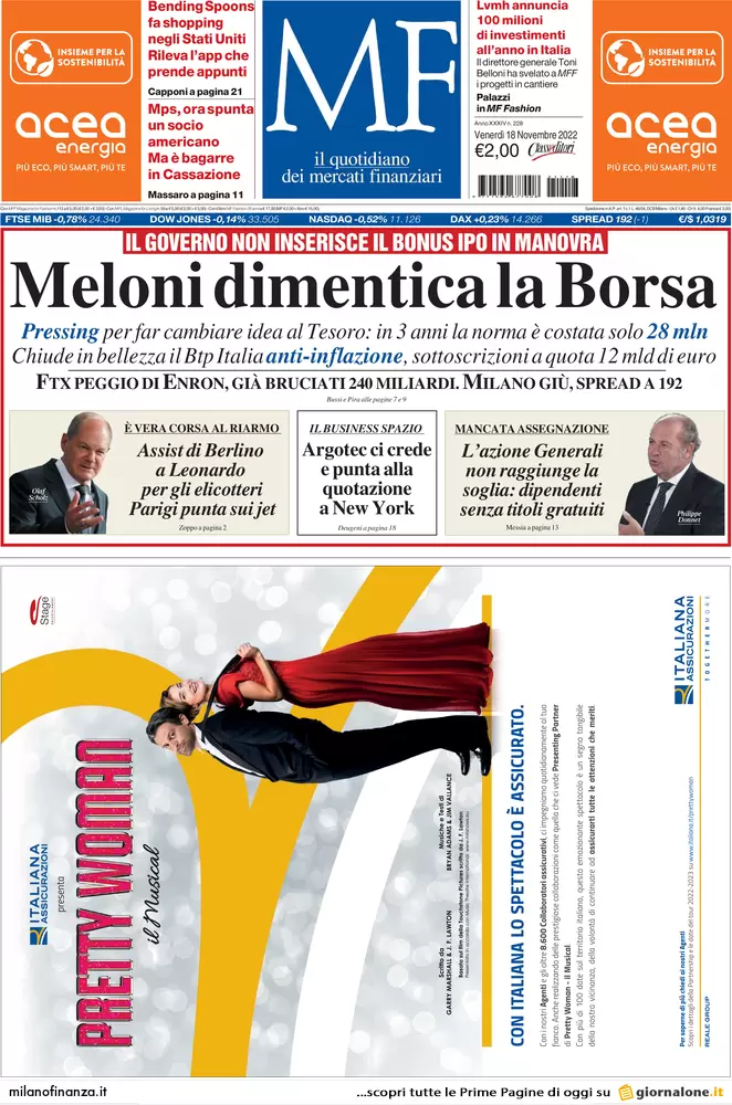 Prime pagine giornali economici 18 novembre. Manovra, lo scudo sulle cripto