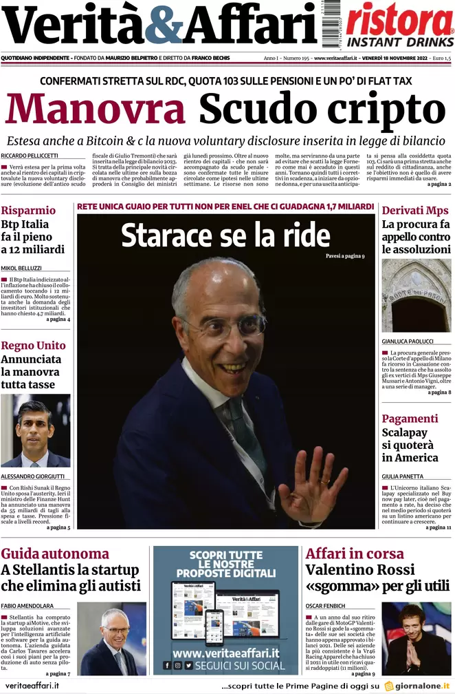 Prime pagine giornali economici 18 novembre. Manovra, lo scudo sulle cripto