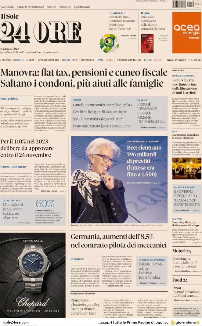 Prime pagine giornali 19 novembre 2022. Iva, reddito, autonomia: le misure