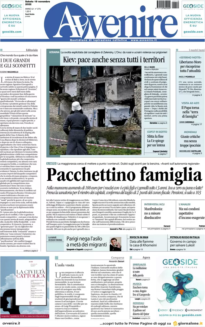 Prime pagine giornali 19 novembre 2022. Iva, reddito, autonomia: le misure