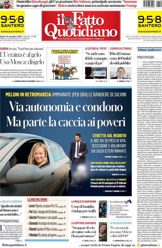 Prime pagine giornali 19 novembre 2022. Iva, reddito, autonomia: le misure