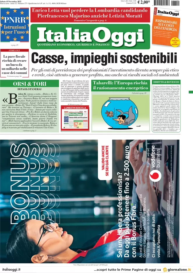 Prime pagine giornali economici 19 novembre. Caro mutui e tempeste variabili