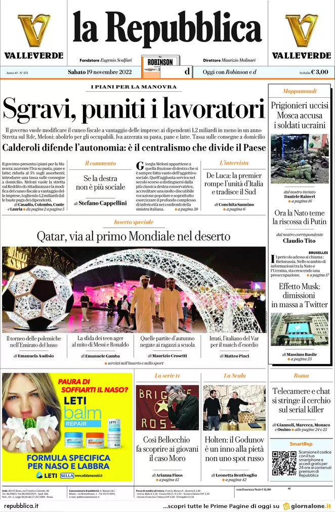 Prime pagine giornali 19 novembre 2022. Iva, reddito, autonomia: le misure