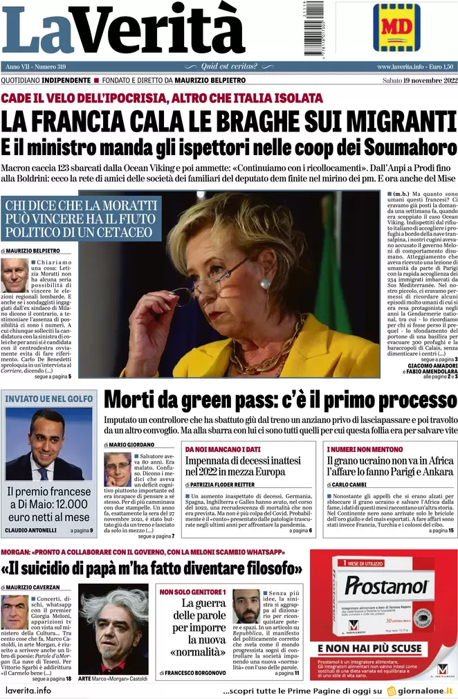Prime pagine giornali 19 novembre 2022. Iva, reddito, autonomia: le misure