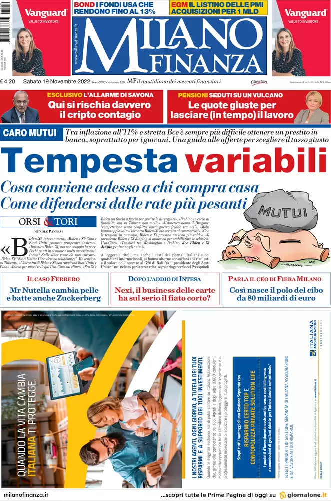 Prime pagine giornali economici 19 novembre. Caro mutui e tempeste variabili