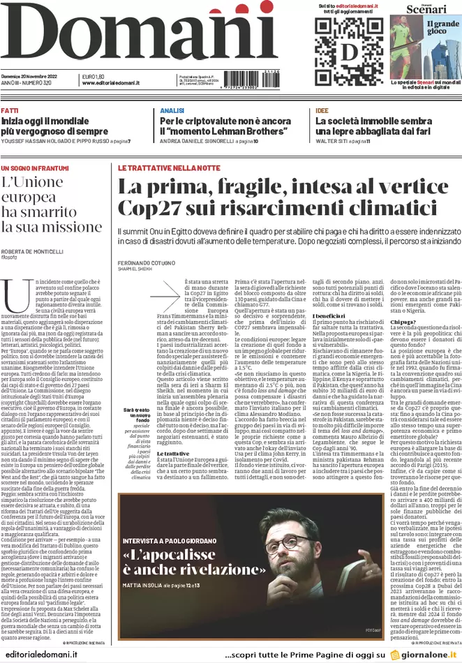 Prime pagine giornali 20 novembre 2022. Boom di sbarchi e tassa sui giochi