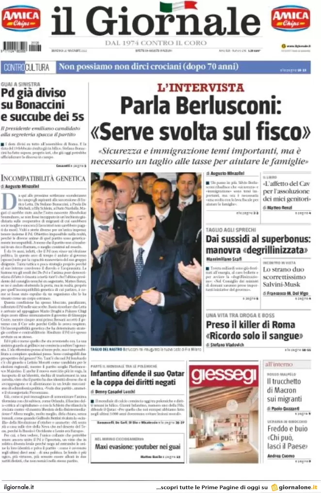 Prime pagine giornali 20 novembre 2022. Boom di sbarchi e tassa sui giochi
