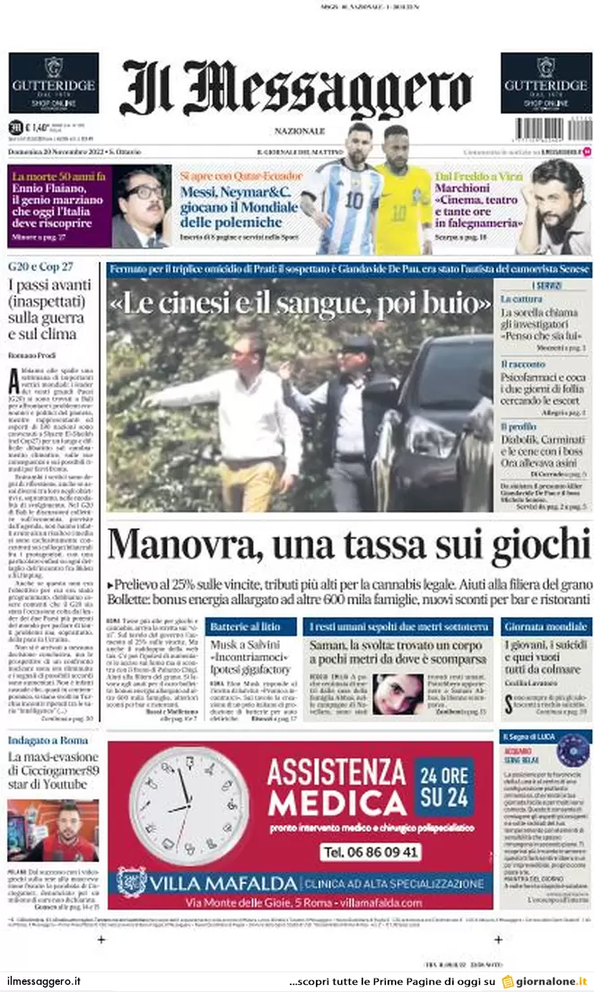 Prime pagine giornali 20 novembre 2022. Boom di sbarchi e tassa sui giochi