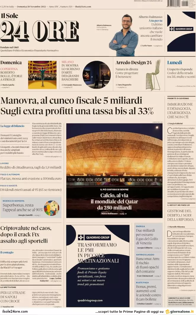 Prime pagine giornali economici 20 novembre. Criptovalute nel caos, stop RdC