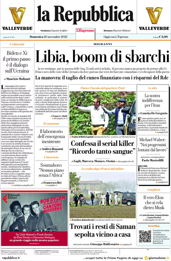 Prime pagine giornali 20 novembre 2022. Boom di sbarchi e tassa sui giochi
