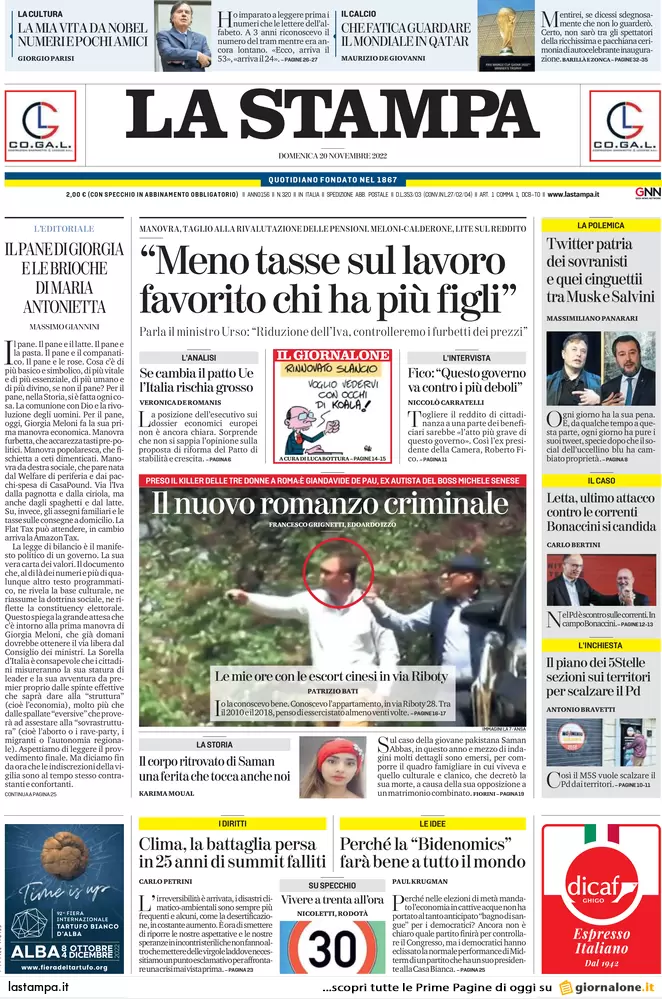 Prime pagine giornali 20 novembre 2022. Boom di sbarchi e tassa sui giochi