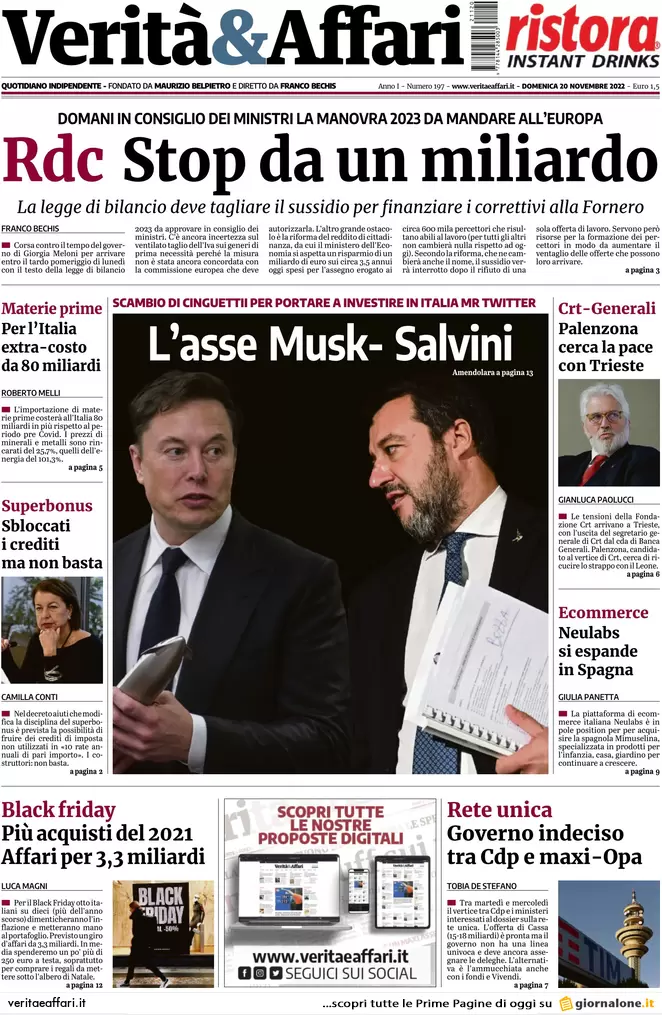 Prime pagine giornali economici 20 novembre. Criptovalute nel caos, stop RdC