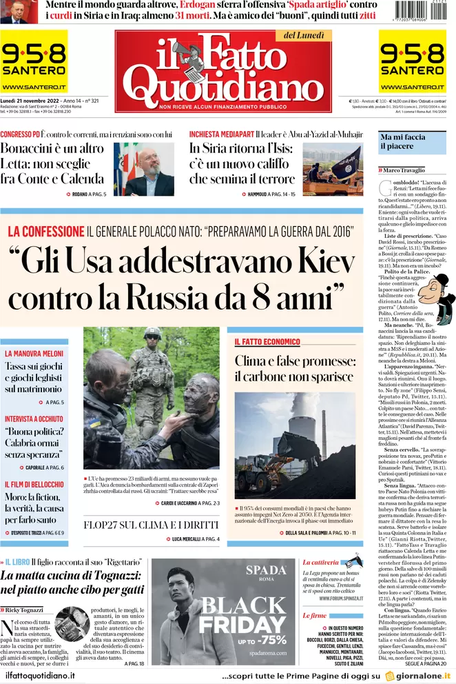 Prime pagine giornali 21 novembre 2022. Manovra, scontro sul taglio del Rdc