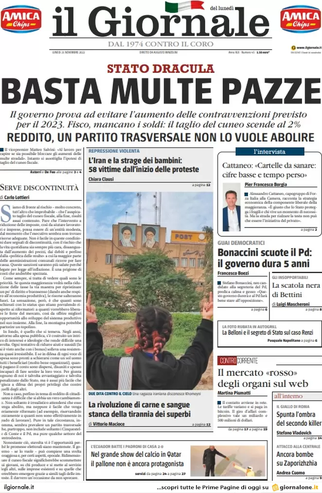 Prime pagine giornali 21 novembre 2022. Manovra, scontro sul taglio del Rdc