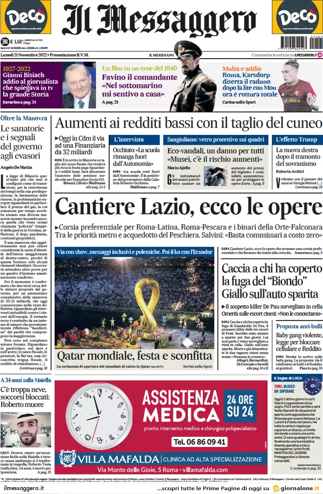 Prime pagine giornali 21 novembre 2022. Manovra, scontro sul taglio del Rdc